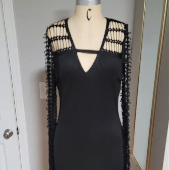 Wow, Couture Black Crochet Sleeve Dress - Picture 2 of 7